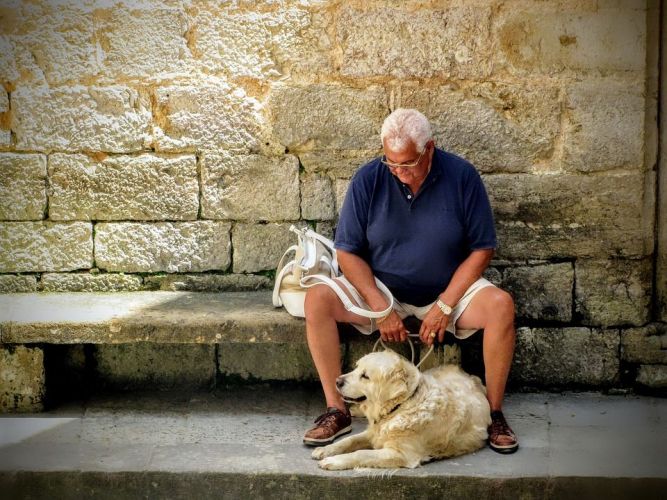 Ouderen Man met hond op bank